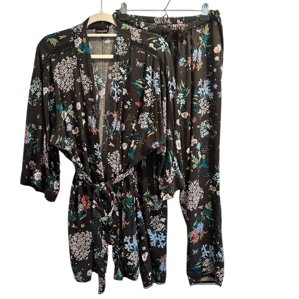 Topshop Lounge SET Lightweight Robe+Drapey Pants Botanical Butterfly Print
